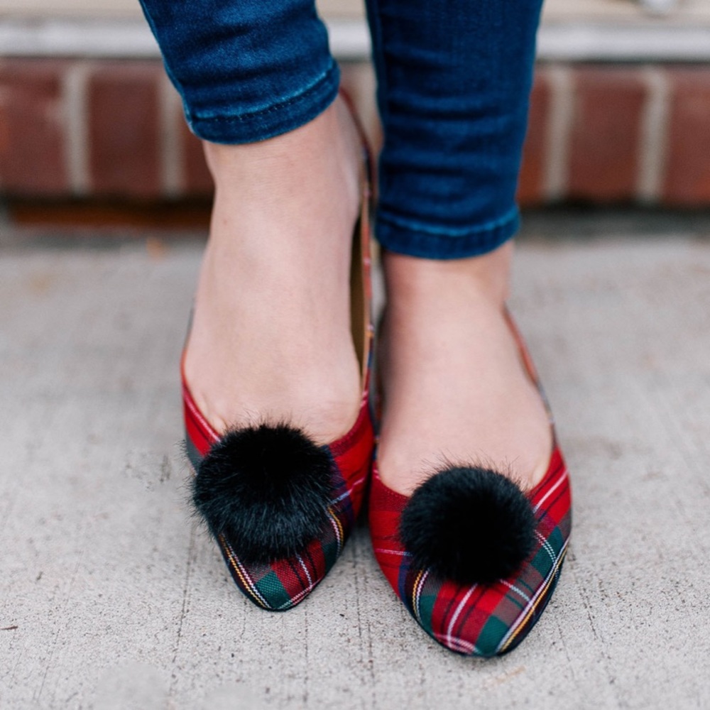 Talbots Edison Plaid Flats with Faux Fur Pom Pom